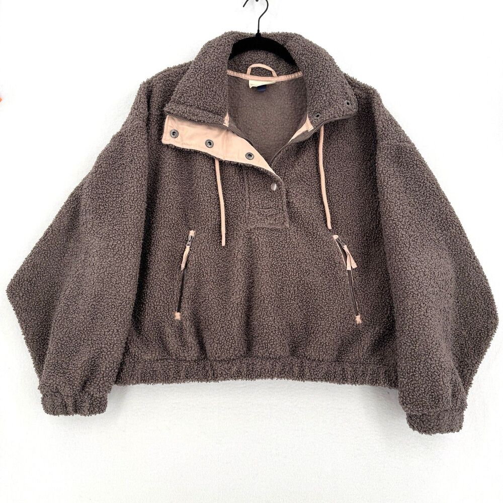 Universal Thread Sherpa Fleece Pullover Jacket L Brown Pink Trim Teddy Outdoorsy